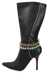Gold Metal Chains Boot Multi Balls Anklet Shoe Turquoise Blue Women Moroccan Hot Fashion